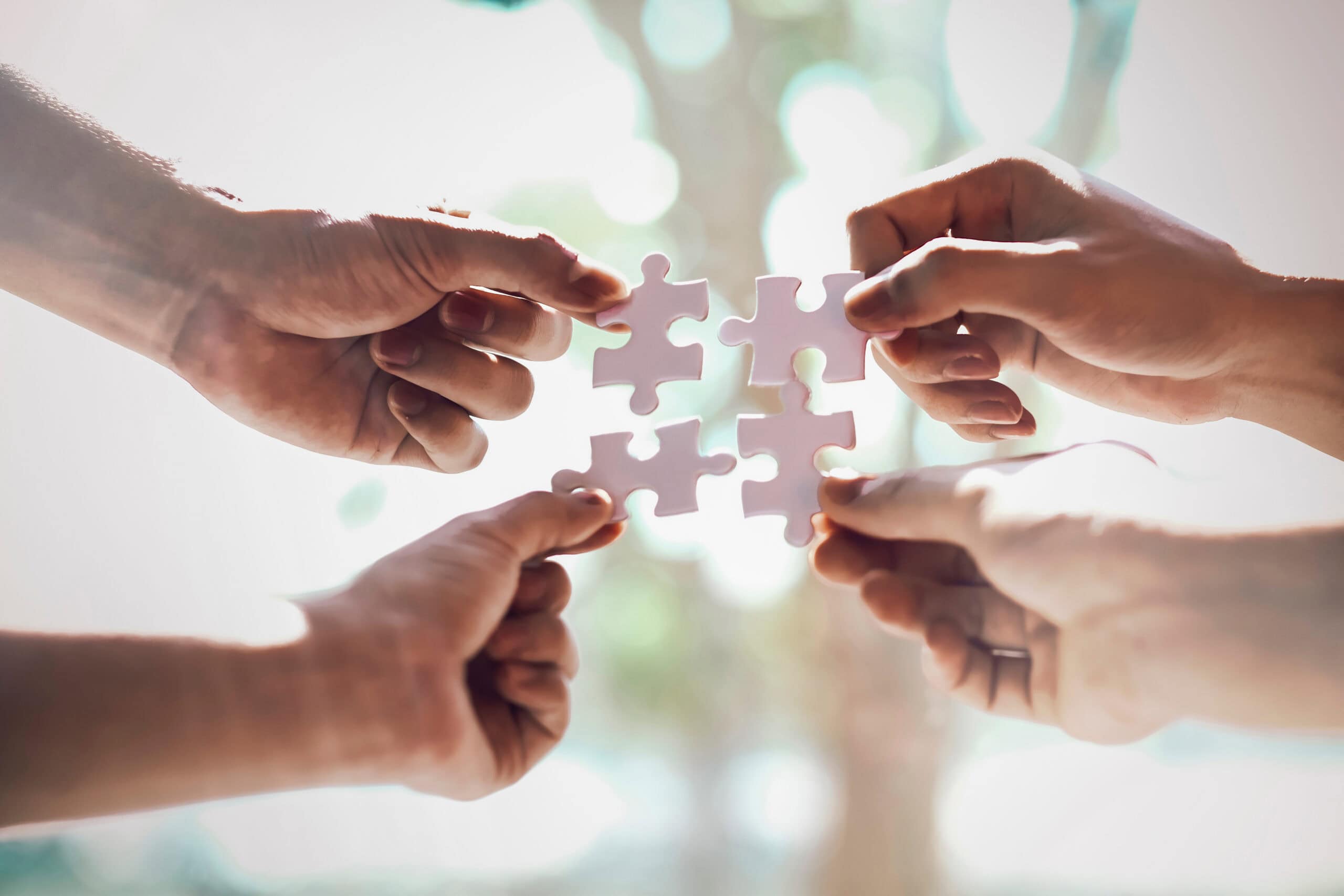 Mehrere H&auml;nde halten jeweils ein Puzzleteil und f&uuml;hren sie in der Mitte zusammen, sodass die Teile ein passendes Ganzes ergeben. Der Hintergrund ist hell und unscharf, vermutlich im Freien aufgenommen.