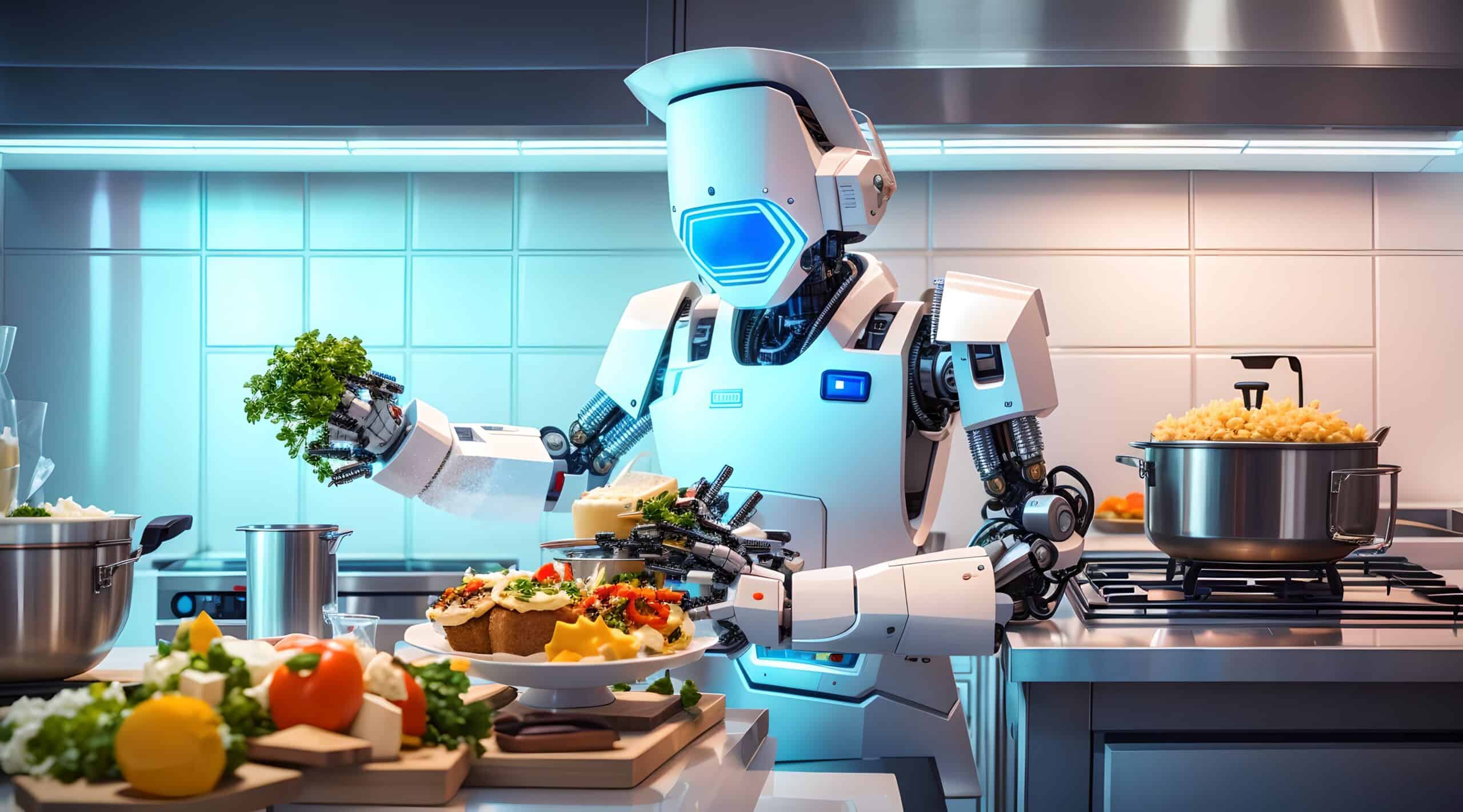 In einer hellen, modernen K&uuml;che steht ein wei&szlig;-blauer humanoider Roboter. Er h&auml;lt Kr&auml;uter in einer Hand und dekoriert mit der anderen zubereitete Speisen auf einem Teller. Um ihn herum stehen K&uuml;chenger&auml;te, Gem&uuml;se, K&auml;se und ein Topf auf dem Herd.