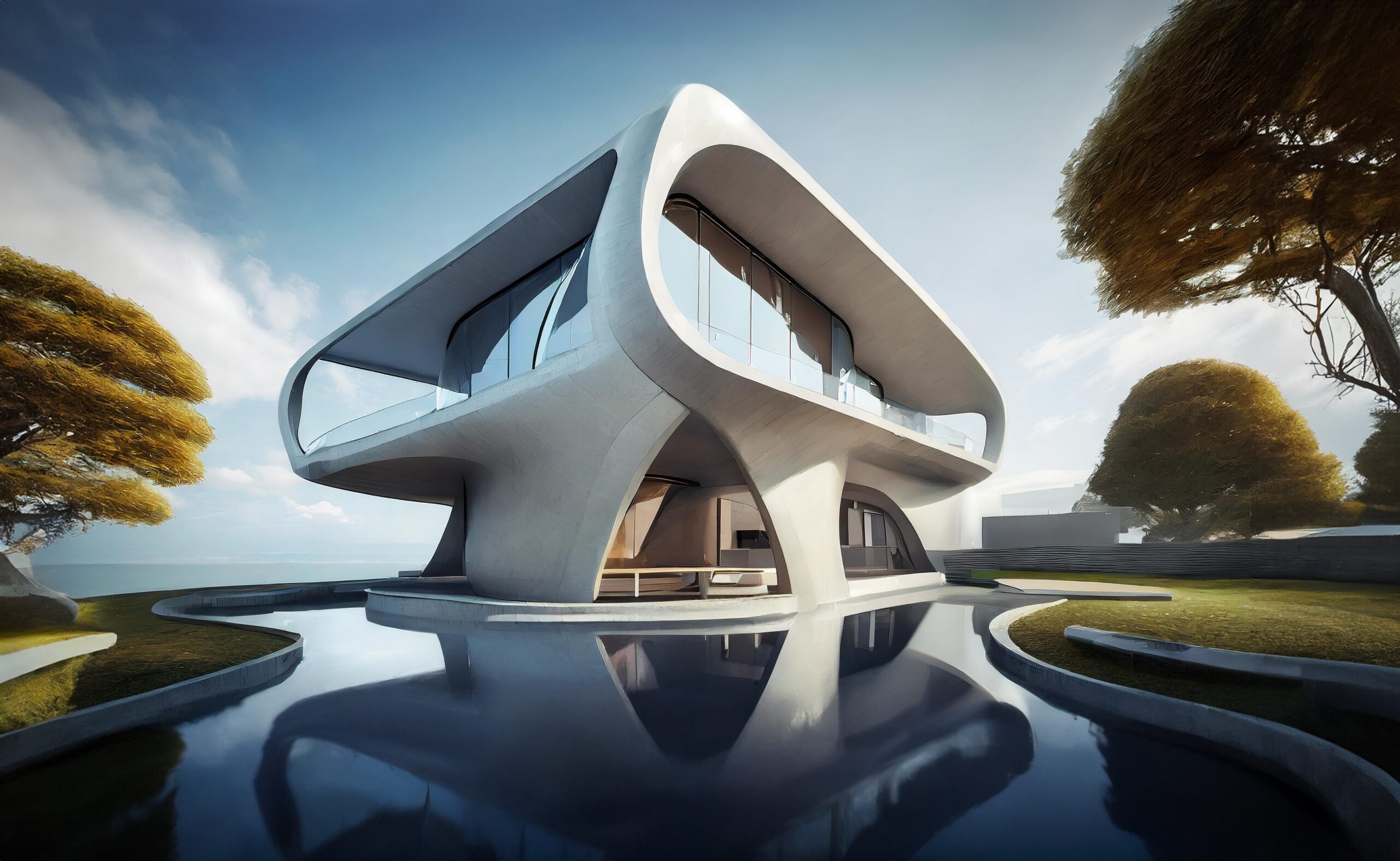 Ein futuristisches, architektonisch markantes Geb&auml;ude mit klaren Linien und offenen Strukturen, das sich in einem ruhigen Wasserbecken spiegelt &ndash; ein Bild f&uuml;r moderne Systeme, Klarheit und hochwertige Gestaltung.
