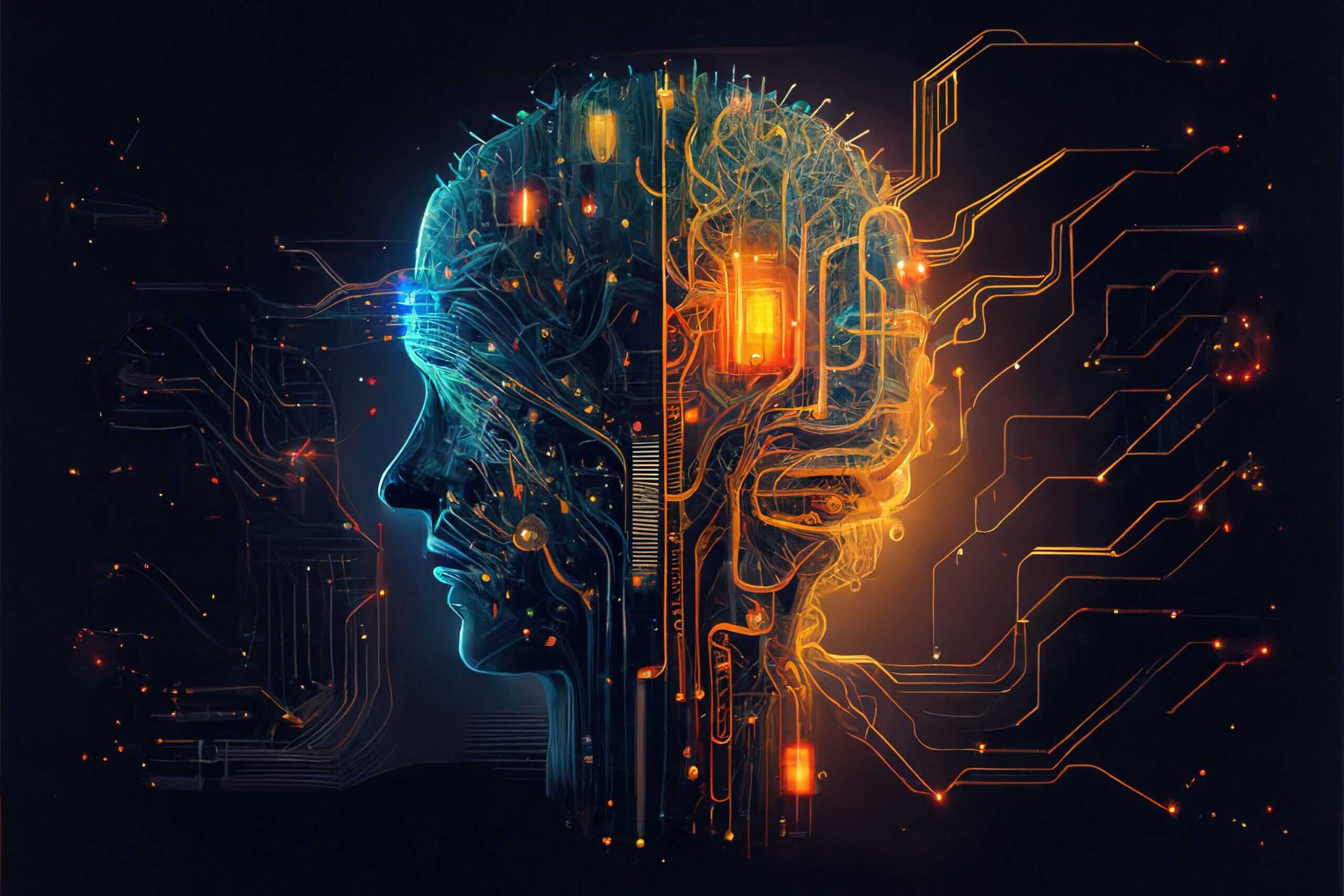 Das Bild zeigt einen stilisierten menschlichen Kopf im Profil und frontal, gebildet aus leuchtenden Linien, elektrischen Verbindungen und komplexen Schaltkreismustern. Blaue und orangefarbene Lichtakzente ziehen sich durch die Formen. Der Hintergrund ist dunkel, wodurch die leuchtenden Strukturen stark hervorstechen.