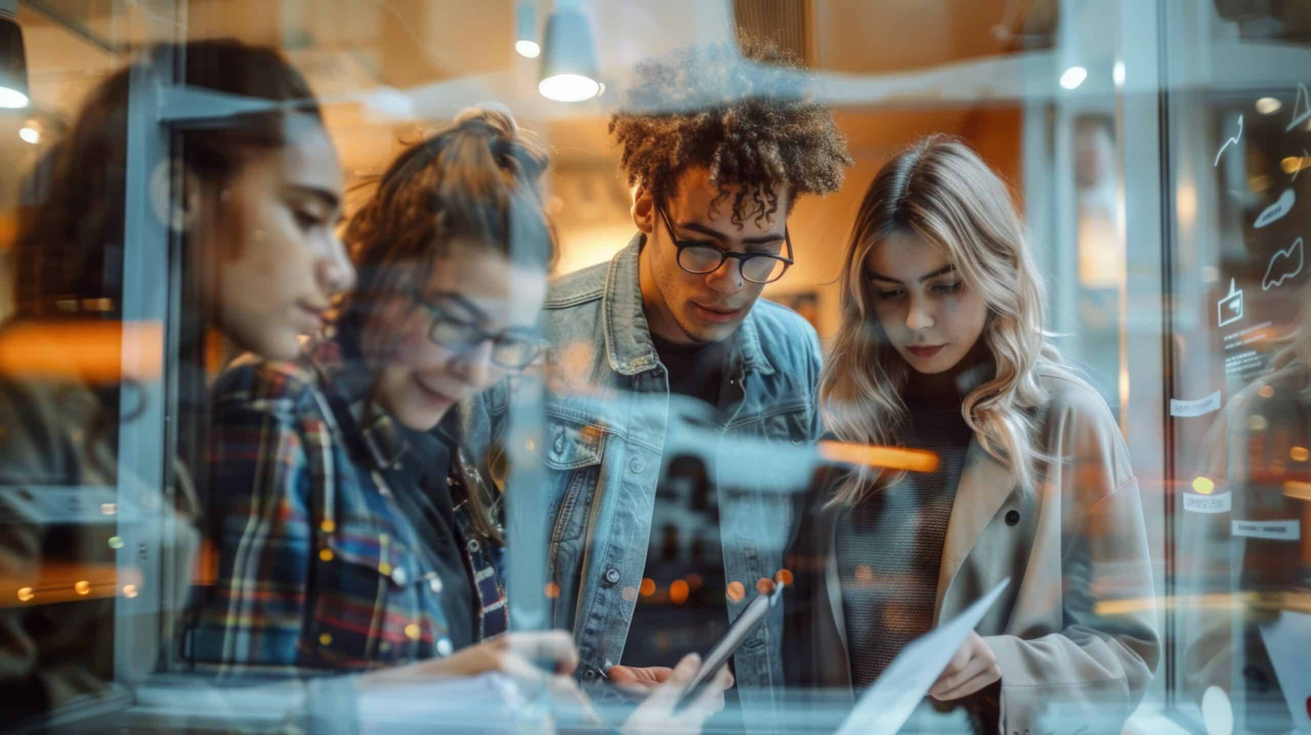 Vier Personen stehen in einem modernen Raum eng zusammen und betrachten konzentriert Unterlagen oder ein Tablet. Die Aufnahme erfolgt durch eine Glasscheibe, sodass Reflexionen und Lichtspuren sichtbar sind. Die Personen tragen l&auml;ssige Kleidung und arbeiten offenbar gemeinsam an etwas.