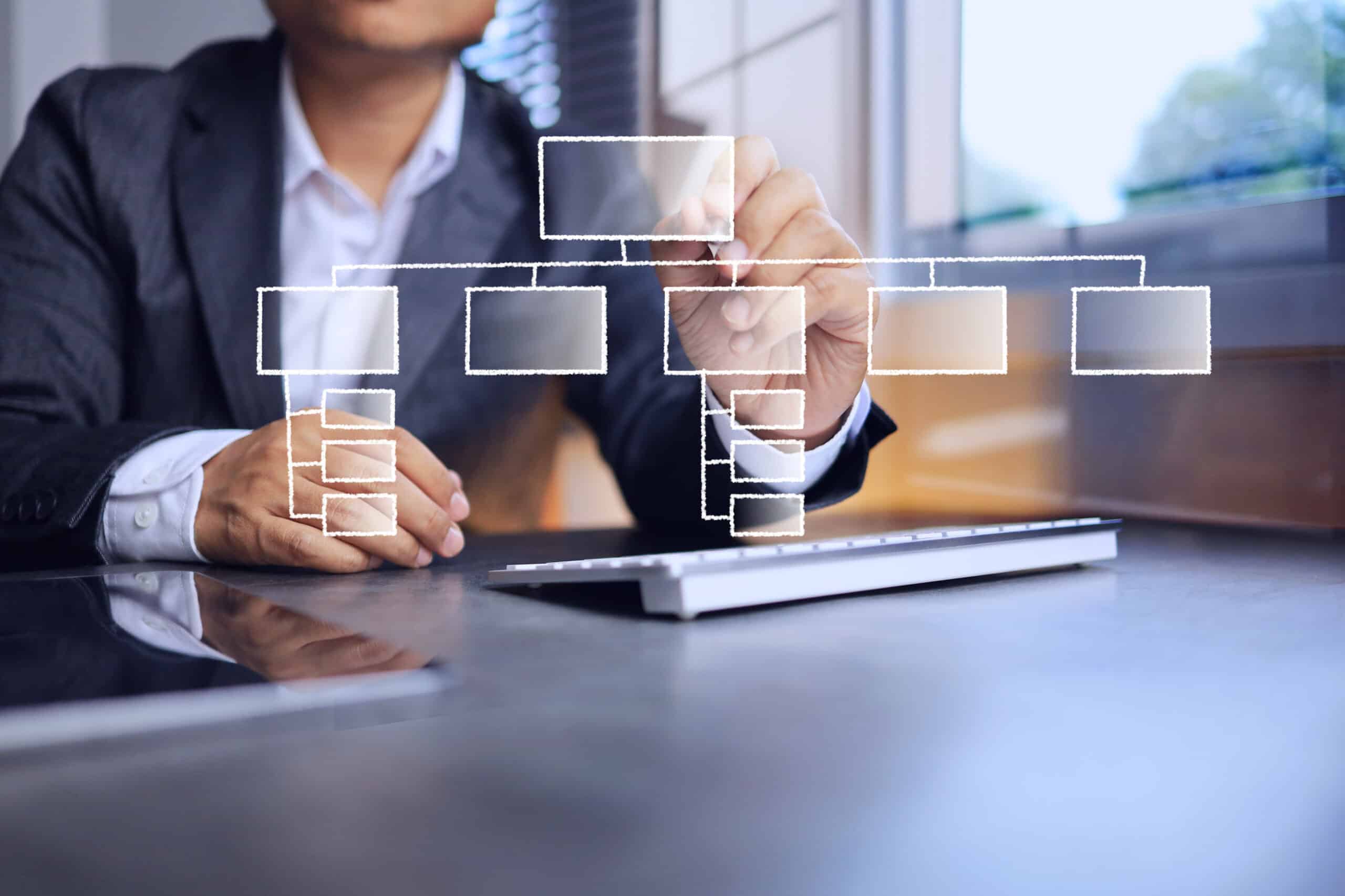 Eine Person in einem Anzug sitzt an einem Schreibtisch und zeichnet mit der Hand ein schematisches Organigramm aus rechteckigen Feldern in die Luft. Die K&auml;stchen erscheinen als digitale Einblendung. Auf dem Tisch liegen eine Tastatur und Unterlagen, im Hintergrund sind Fenster mit Tageslicht