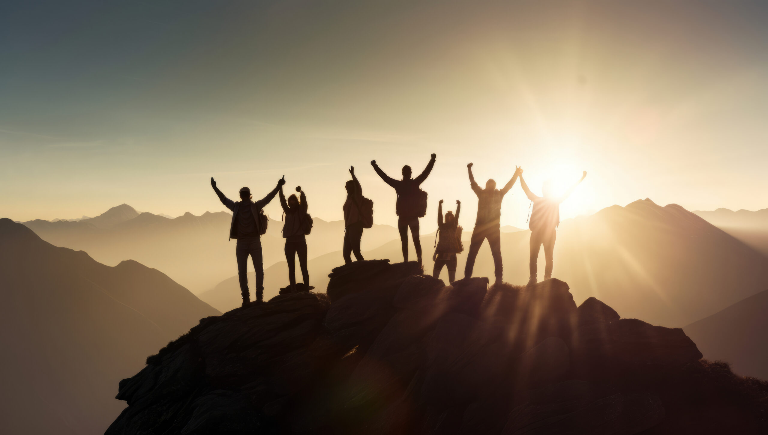 Eine Gruppe von Menschen steht jubelnd auf einem Berggipfel im Sonnenaufgang &ndash; ein Symbol f&uuml;r erreichte Ziele, gemeinsamen Erfolg und den Moment des Durchbruchs.